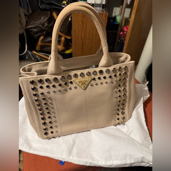 Handbags - Prada Canapa studded Beige PM size